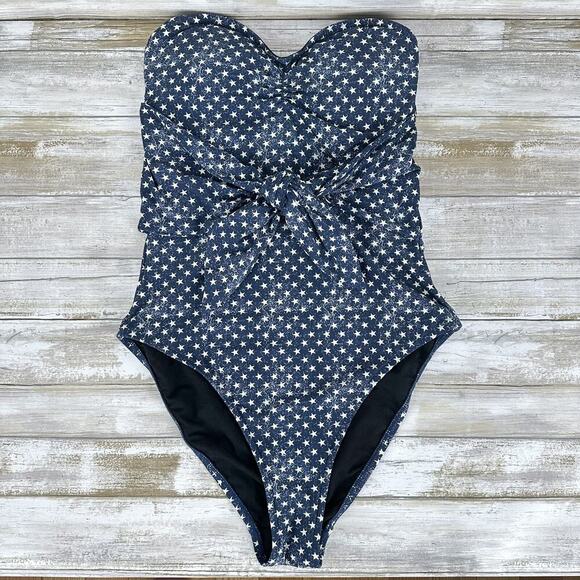 Revolve WeWoreWhat One Piece Swimsuit Size Small Blue Star Tie Front Strapless - Picture 2 of 14